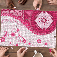 Bula Fiji Puzzle Pink Plumeria Masi Tapa Pattern - Polynesian Pride