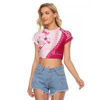 Bula Fiji Raglan Cropped T Shirt Pink Plumeria Masi Tapa Pattern - Polynesian Pride
