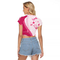 Bula Fiji Raglan Cropped T Shirt Pink Plumeria Masi Tapa Pattern - Polynesian Pride