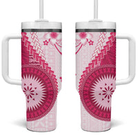 Bula Fiji Tumbler With Handle Pink Plumeria Masi Tapa Pattern - Polynesian Pride