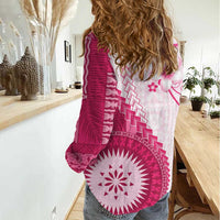 Bula Fiji Women Casual Shirt Pink Plumeria Masi Tapa Pattern - Polynesian Pride