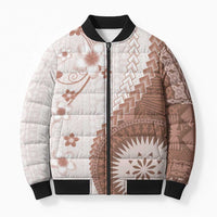 Bula Fiji Bomber Puffer Jacket Brown Plumeria Masi Tapa Pattern - Polynesian Pride