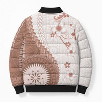 Bula Fiji Bomber Puffer Jacket Brown Plumeria Masi Tapa Pattern - Polynesian Pride