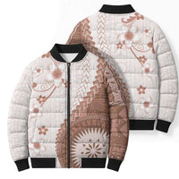 Bula Fiji Bomber Puffer Jacket Brown Plumeria Masi Tapa Pattern - Polynesian Pride