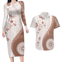 Bula Fiji Couples Matching Long Sleeve Bodycon Dress and Hawaiian Shirt Brown Plumeria Masi Tapa Pattern - Polynesian Pride
