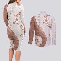 Bula Fiji Couples Matching Long Sleeve Bodycon Dress and Long Sleeve Button Shirt Brown Plumeria Masi Tapa Pattern - Polynesian Pride