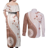 Bula Fiji Couples Matching Off Shoulder Maxi Dress and Long Sleeve Button Shirt Brown Plumeria Masi Tapa Pattern LT05 - Polynesian Pride