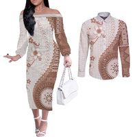 Bula Fiji Couples Matching Off The Shoulder Long Sleeve Dress and Long Sleeve Button Shirt Brown Plumeria Masi Tapa Pattern - Polynesian Pride