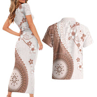 Bula Fiji Couples Matching Short Sleeve Bodycon Dress and Hawaiian Shirt Brown Plumeria Masi Tapa Pattern - Polynesian Pride