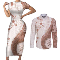 Bula Fiji Couples Matching Short Sleeve Bodycon Dress and Long Sleeve Button Shirt Brown Plumeria Masi Tapa Pattern - Polynesian Pride