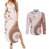 Bula Fiji Couples Matching Summer Maxi Dress and Long Sleeve Button Shirt Brown Plumeria Masi Tapa Pattern - Polynesian Pride