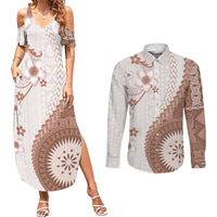 Bula Fiji Couples Matching Summer Maxi Dress and Long Sleeve Button Shirt Brown Plumeria Masi Tapa Pattern - Polynesian Pride