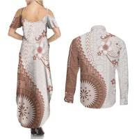 Bula Fiji Couples Matching Summer Maxi Dress and Long Sleeve Button Shirt Brown Plumeria Masi Tapa Pattern - Polynesian Pride