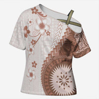 Bula Fiji Cross Shoulder Shirt Brown Plumeria Masi Tapa Pattern - Polynesian Pride