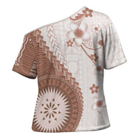 Bula Fiji Cross Shoulder Shirt Brown Plumeria Masi Tapa Pattern - Polynesian Pride