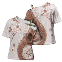 Bula Fiji Cross Shoulder Shirt Brown Plumeria Masi Tapa Pattern - Polynesian Pride