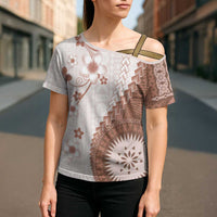 Bula Fiji Cross Shoulder Shirt Brown Plumeria Masi Tapa Pattern - Polynesian Pride
