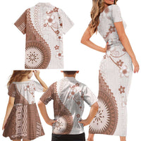 Bula Fiji Family Matching Short Sleeve Bodycon Dress and Hawaiian Shirt Brown Plumeria Masi Tapa Pattern - Polynesian Pride