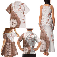 Bula Fiji Family Matching Tank Maxi Dress and Hawaiian Shirt Brown Plumeria Masi Tapa Pattern - Polynesian Pride