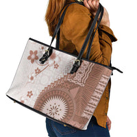 Bula Fiji Leather Tote Bag Brown Plumeria Masi Tapa Pattern LT05 - Polynesian Pride