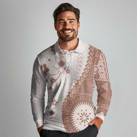 Bula Fiji Long Sleeve Polo Shirt Brown Plumeria Masi Tapa Pattern - Polynesian Pride