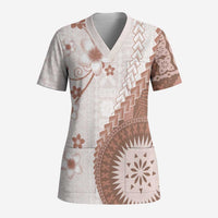 Bula Fiji Scrub Top Brown Plumeria Masi Tapa Pattern - Polynesian Pride