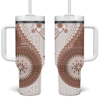 Bula Fiji Tumbler With Handle Brown Plumeria Masi Tapa Pattern - Polynesian Pride
