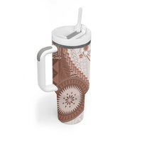 Bula Fiji Tumbler With Handle Brown Plumeria Masi Tapa Pattern - Polynesian Pride