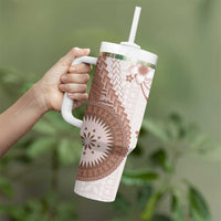 Bula Fiji Tumbler With Handle Brown Plumeria Masi Tapa Pattern - Polynesian Pride