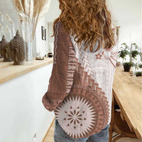 Bula Fiji Women Casual Shirt Brown Plumeria Masi Tapa Pattern - Polynesian Pride