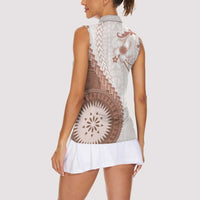 Bula Fiji Women Sleeveless Polo Shirt Brown Plumeria Masi Tapa Pattern LT05 - Polynesian Pride