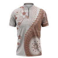 Bula Fiji Zipper Polo Shirt Brown Plumeria Masi Tapa Pattern - Polynesian Pride
