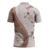 Bula Fiji Zipper Polo Shirt Brown Plumeria Masi Tapa Pattern - Polynesian Pride