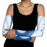Bula Fiji Arm Sleeves Blue Plumeria Masi Tapa Pattern - Polynesian Pride