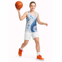 Bula Fiji Basketball Jersey Blue Plumeria Masi Tapa Pattern - Polynesian Pride