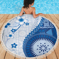 Bula Fiji Beach Blanket Blue Plumeria Masi Tapa Pattern - Polynesian Pride