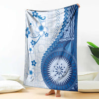 Bula Fiji Blanket Blue Plumeria Masi Tapa Pattern - Polynesian Pride