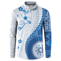 Bula Fiji Button Sweatshirt Blue Plumeria Masi Tapa Pattern - Polynesian Pride