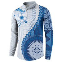 Bula Fiji Button Sweatshirt Blue Plumeria Masi Tapa Pattern - Polynesian Pride