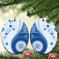 Bula Fiji Ceramic Ornament Blue Plumeria Masi Tapa Pattern - Polynesian Pride