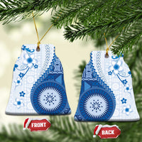 Bula Fiji Ceramic Ornament Blue Plumeria Masi Tapa Pattern - Polynesian Pride