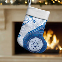 Bula Fiji Christmas Stocking Blue Plumeria Masi Tapa Pattern - Polynesian Pride