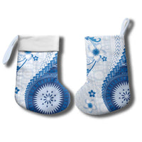 Bula Fiji Christmas Stocking Blue Plumeria Masi Tapa Pattern - Polynesian Pride
