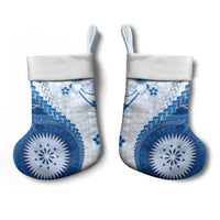 Bula Fiji Christmas Stocking Blue Plumeria Masi Tapa Pattern - Polynesian Pride