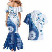 Bula Fiji Couples Matching Mermaid Dress and Hawaiian Shirt Blue Plumeria Masi Tapa Pattern - Polynesian Pride
