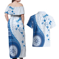 Bula Fiji Couples Matching Off Shoulder Maxi Dress and Hawaiian Shirt Blue Plumeria Masi Tapa Pattern - Polynesian Pride