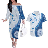 Bula Fiji Couples Matching Off The Shoulder Long Sleeve Dress and Hawaiian Shirt Blue Plumeria Masi Tapa Pattern - Polynesian Pride