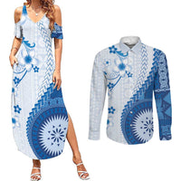 Bula Fiji Couples Matching Summer Maxi Dress and Long Sleeve Button Shirt Blue Plumeria Masi Tapa Pattern - Polynesian Pride