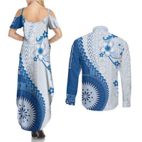 Bula Fiji Couples Matching Summer Maxi Dress and Long Sleeve Button Shirt Blue Plumeria Masi Tapa Pattern - Polynesian Pride