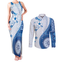 Bula Fiji Couples Matching Tank Maxi Dress and Long Sleeve Button Shirt Blue Plumeria Masi Tapa Pattern LT05 Blue - Polynesian Pride